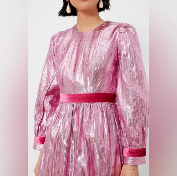 Hyacinth House Tuckernuck Pink Metallic Plisse Eloise Midi Dress - Picture 2 of 7